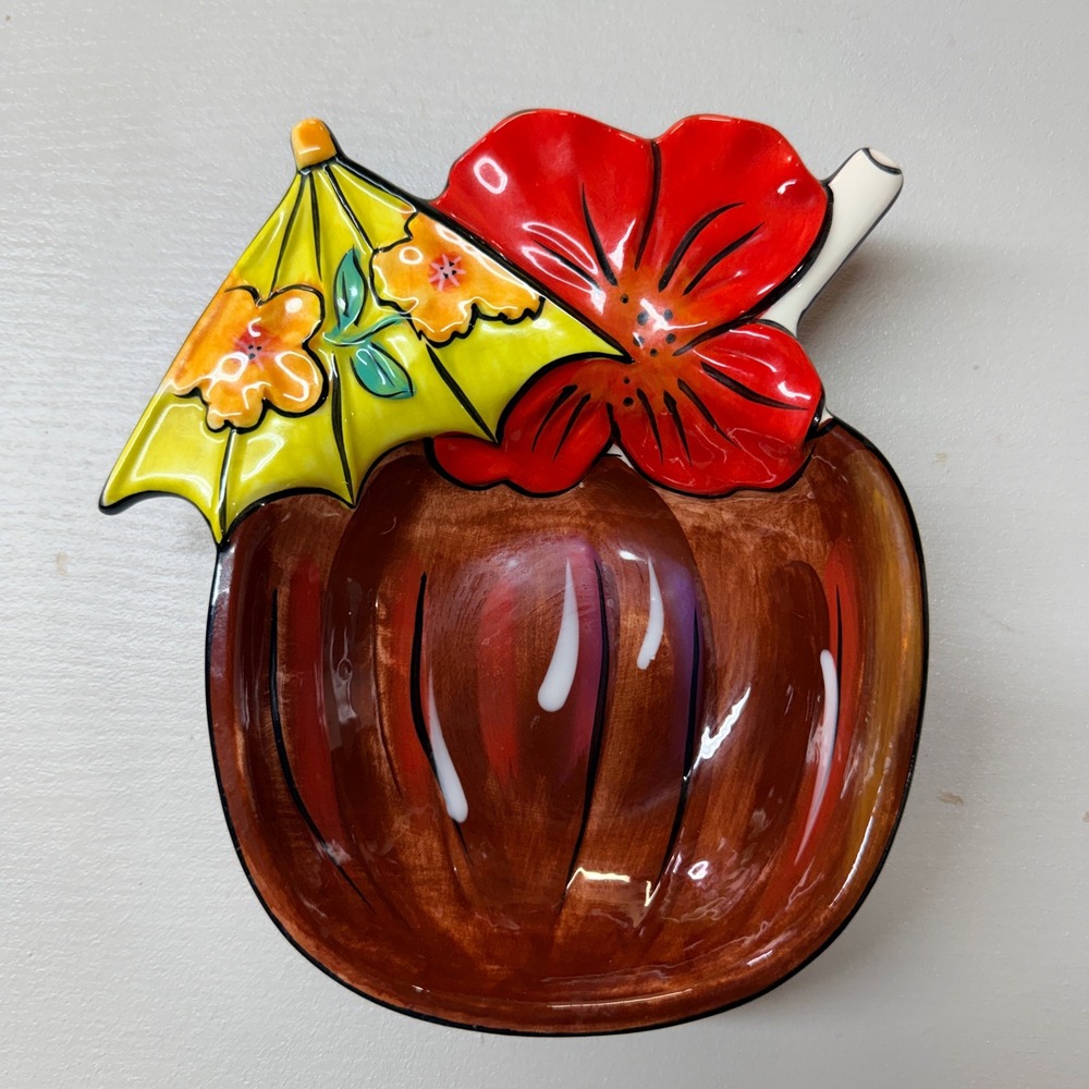 Clay Art Ceramic Tropical Coconut Bowl Hibiscus Flower Cocktail Umbrella Tiki